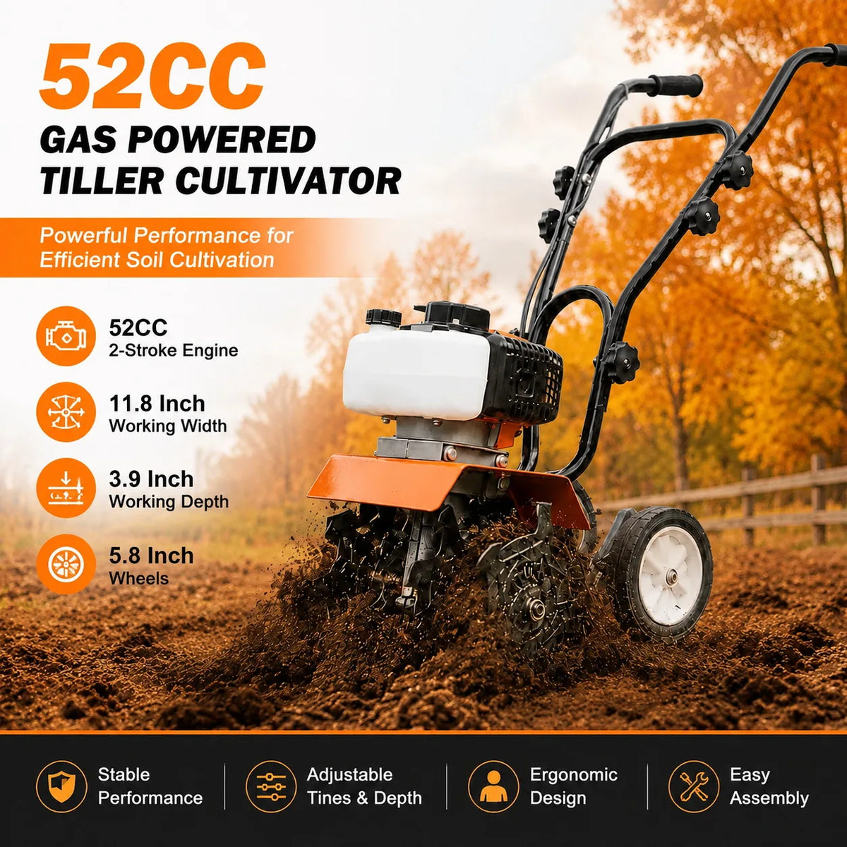Gas Powered Garden Tiller Cultivator With Adjustable Steel Tines
