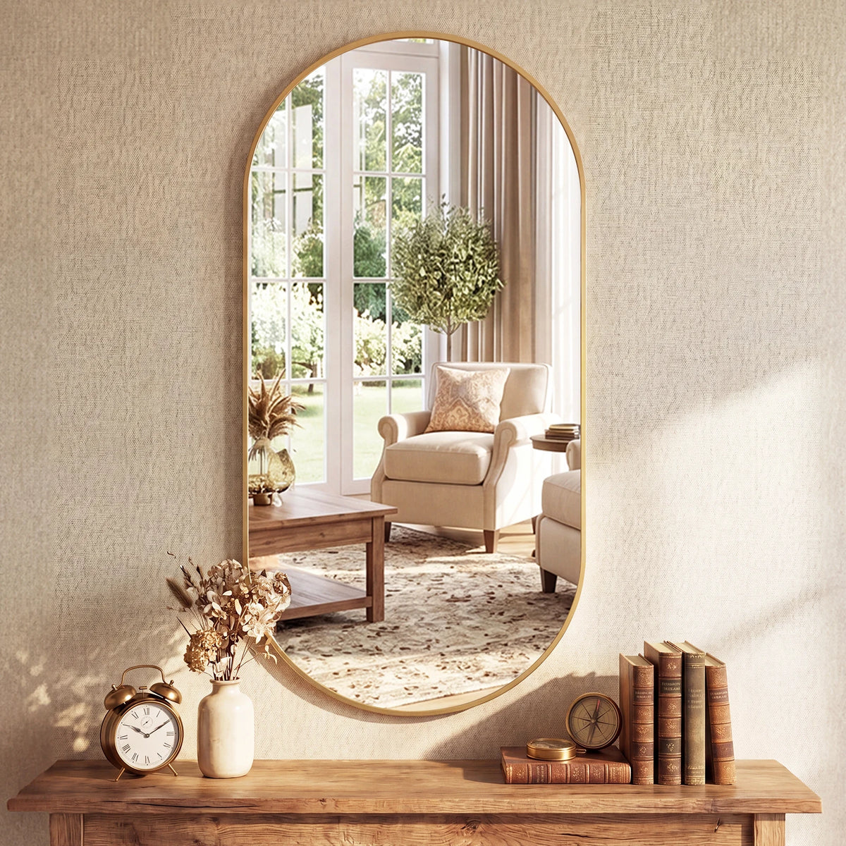 JHK Oval Wall Mirror With Metal Frame Modern Dressing Mirror