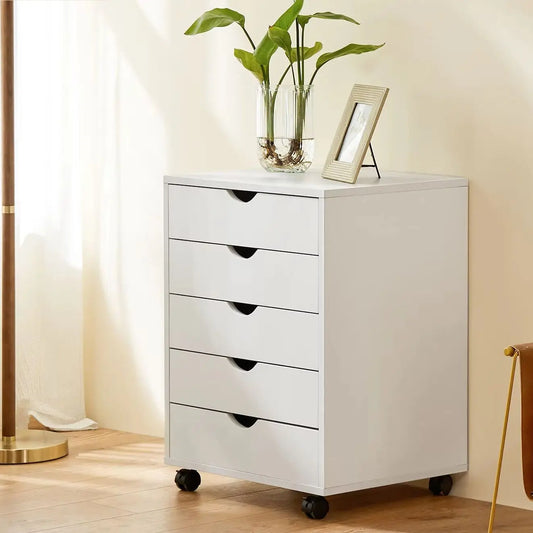 JHK Wood Nightstand With 5 Drawers, Waterproof Surface, Mobile Bedside Table