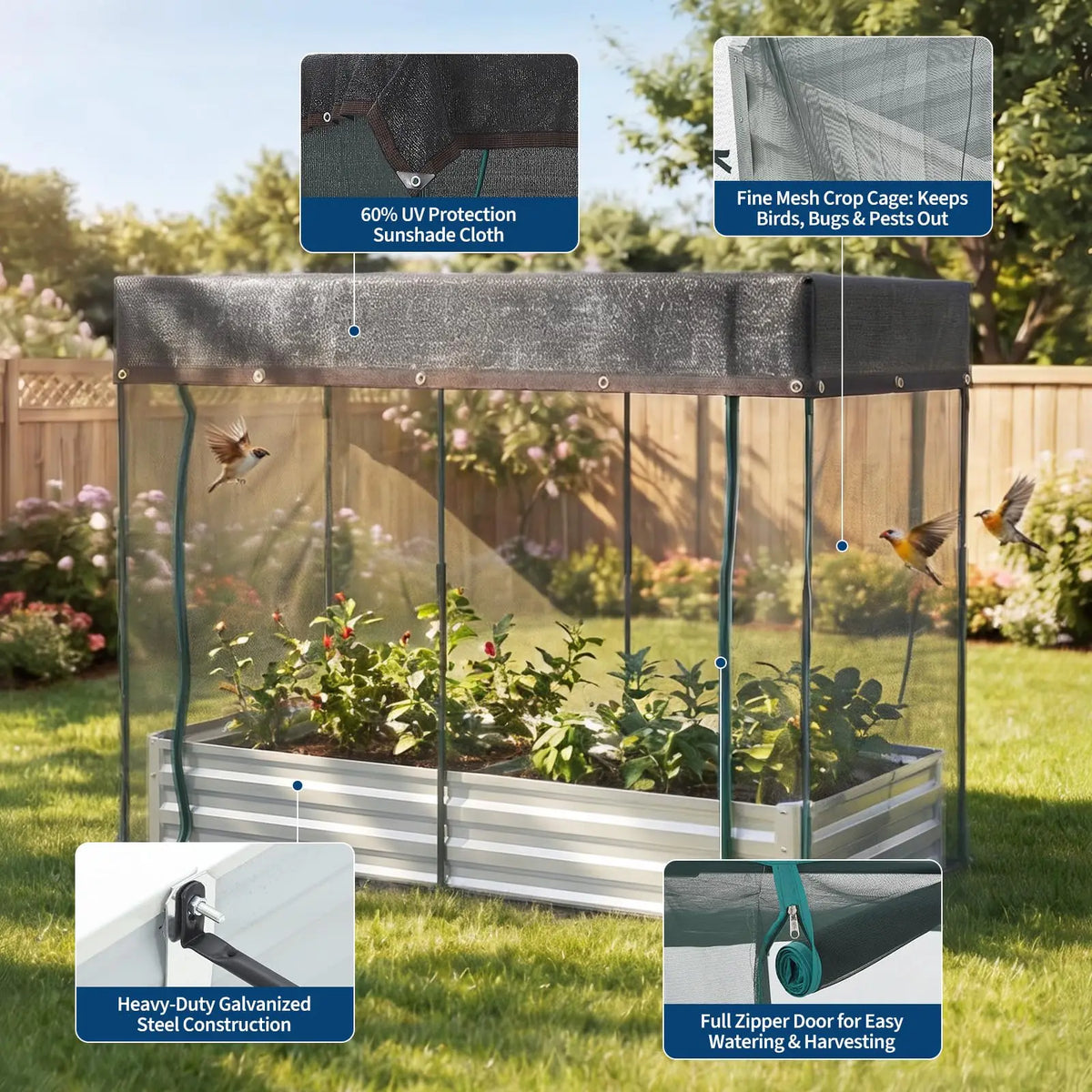 Galvanized Raised Garden Bed With Insect Netting And Animal Protection