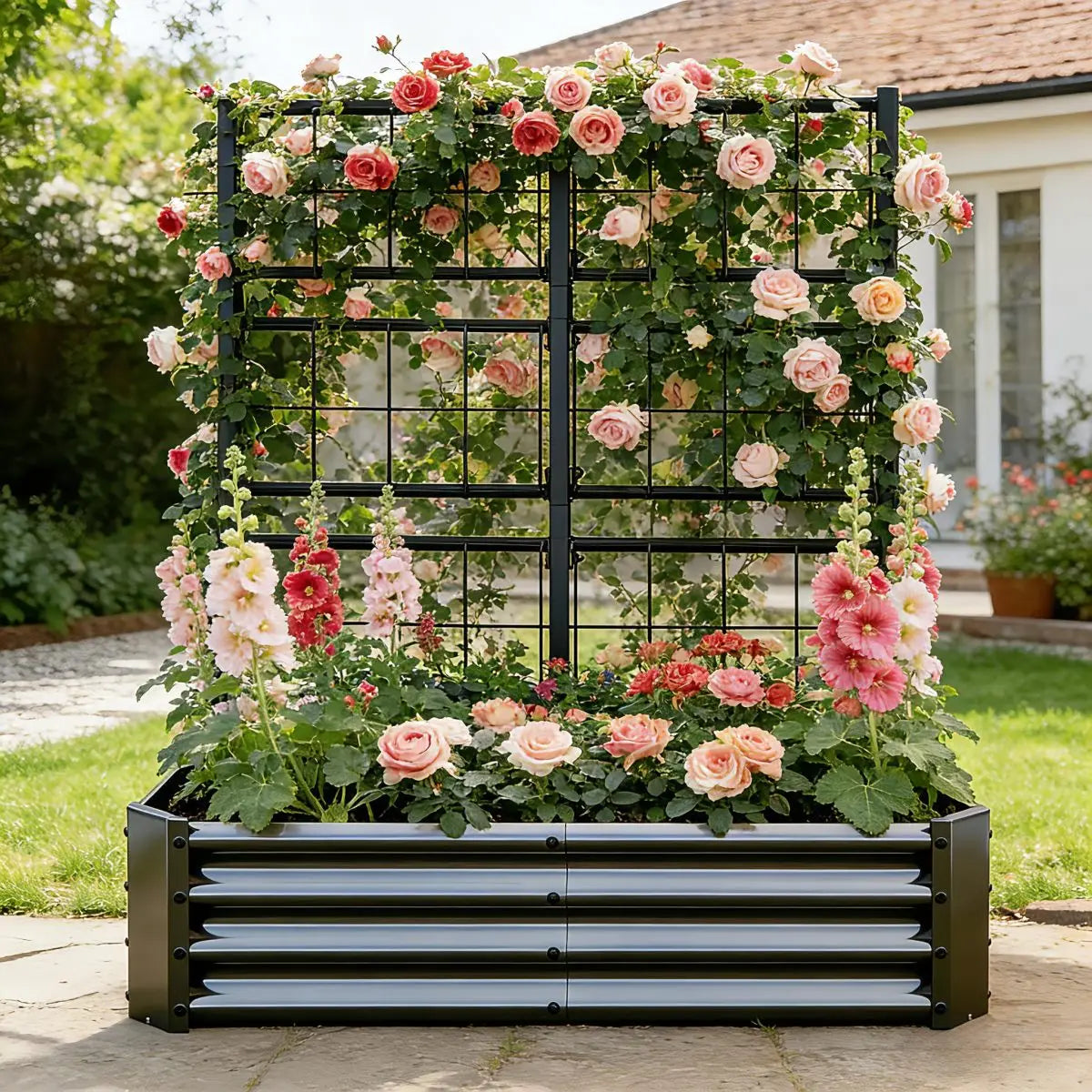 Galvanized Metal Raised Garden Bed With Climbing Plant Trellis