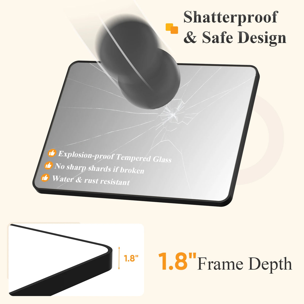 JHK Rounded Rectangle Wall Mirror Tempered Glass Metal Frame Modern Bathroom Mirror