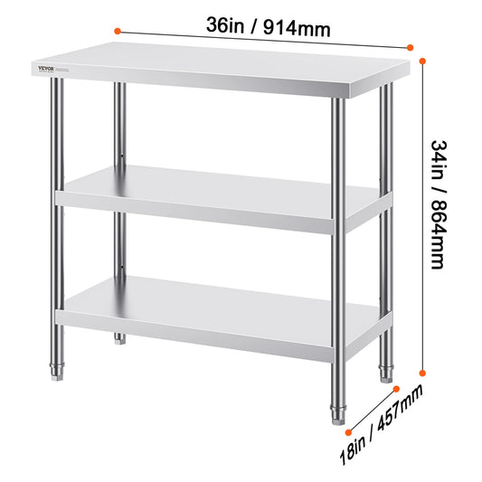SucceBuy Stainless Steel Food Prep Table With Two Adjustable Undershelves