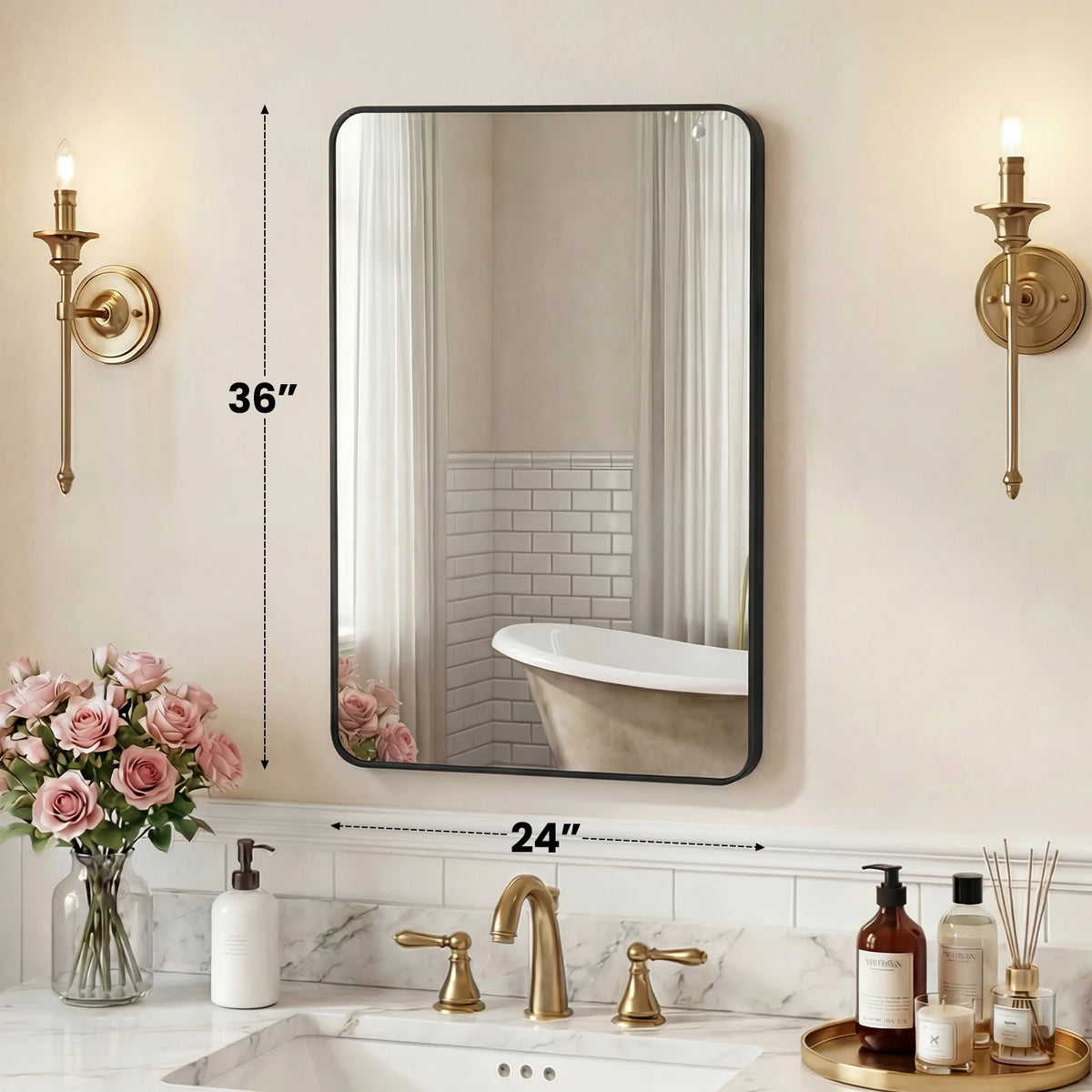 JHK Rounded Rectangle Wall Mirror Tempered Glass Metal Frame Modern Bathroom Mirror