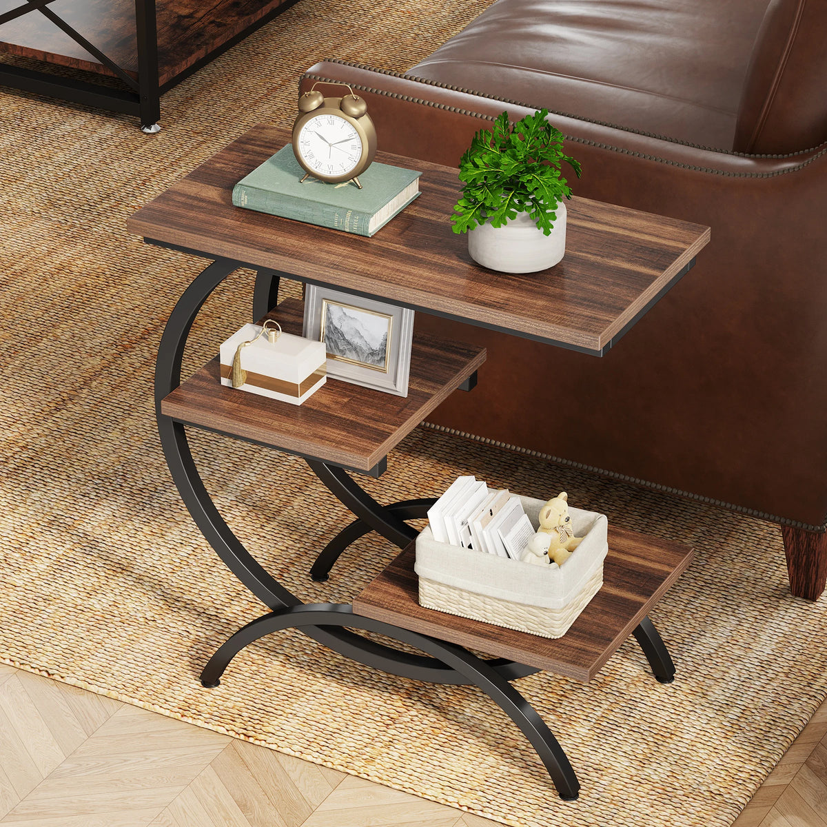 Tribesigns C-Shaped End Table Industrial 3-Tier Small Table With Storage Shelves