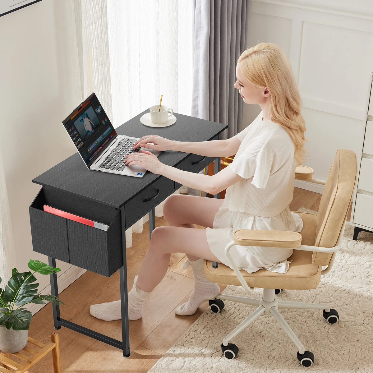JHK Modern Office Desk With Fabric Drawers And Metal Frame