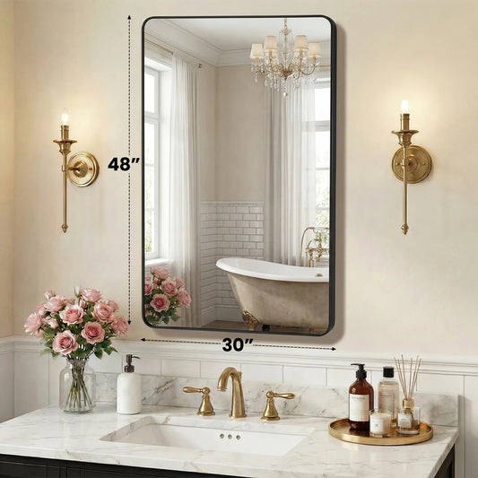 JHK Rounded Rectangle Wall Mirror Tempered Glass Metal Frame Modern Bathroom Mirror