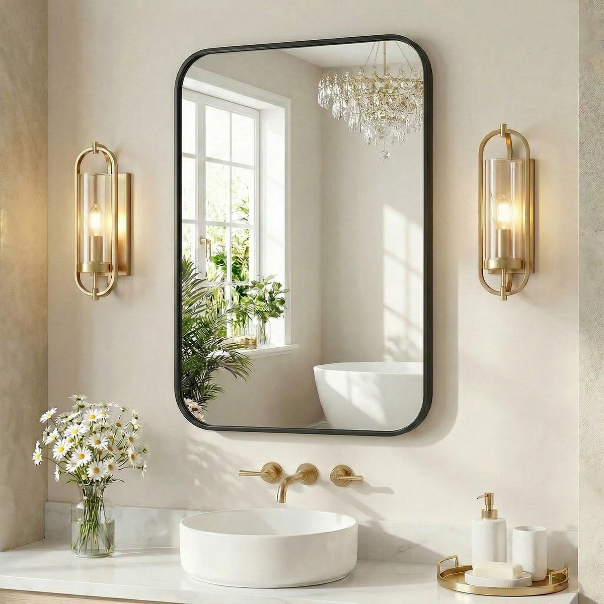 JHK Rounded Rectangle Wall Mirror Tempered Glass Metal Frame Modern Bathroom Mirror