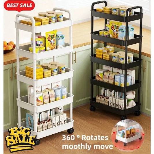 5 Tier Rolling Kitchen Storage Cart With Thickened Plastic Shelves