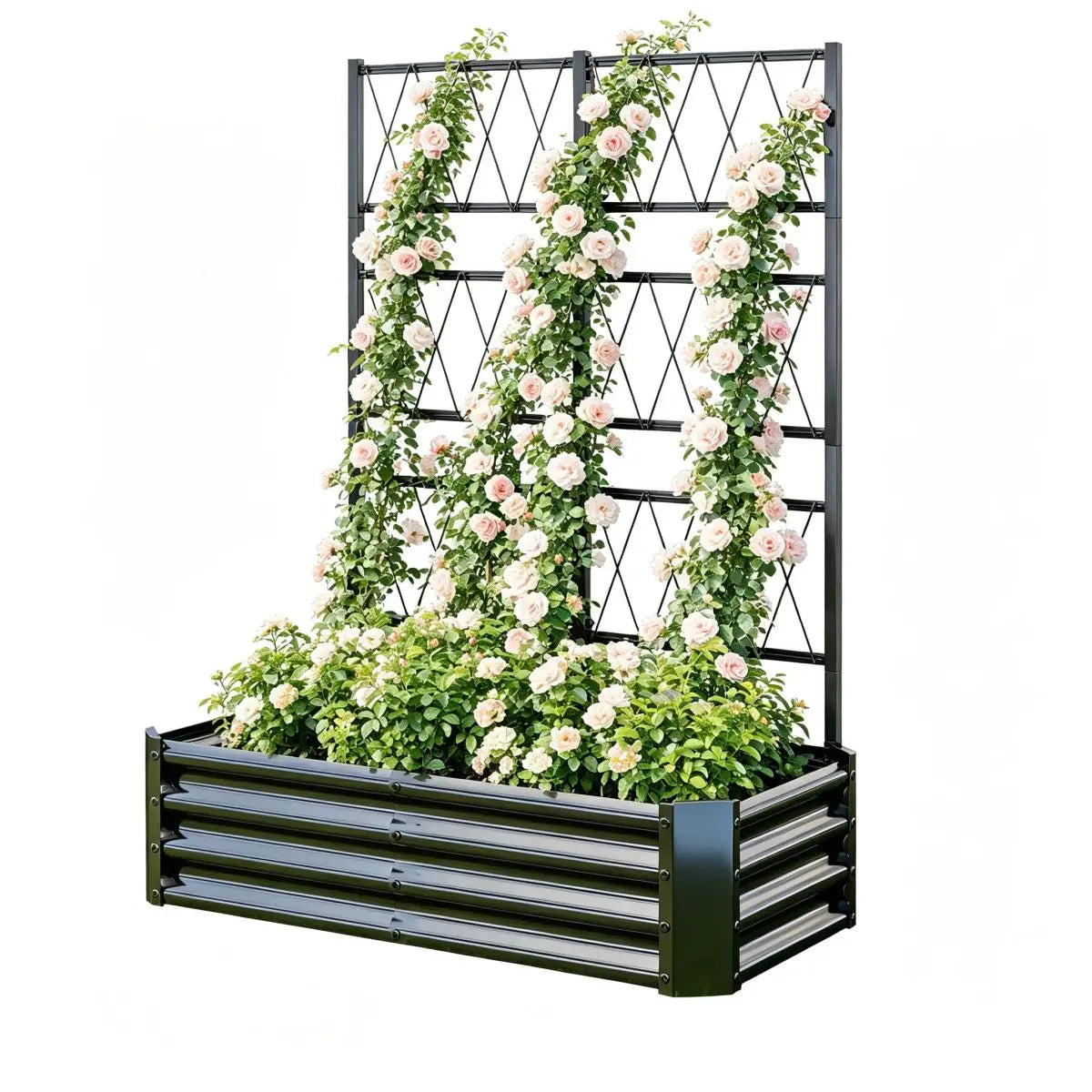 Galvanized Metal Raised Garden Bed With Climbing Plant Trellis