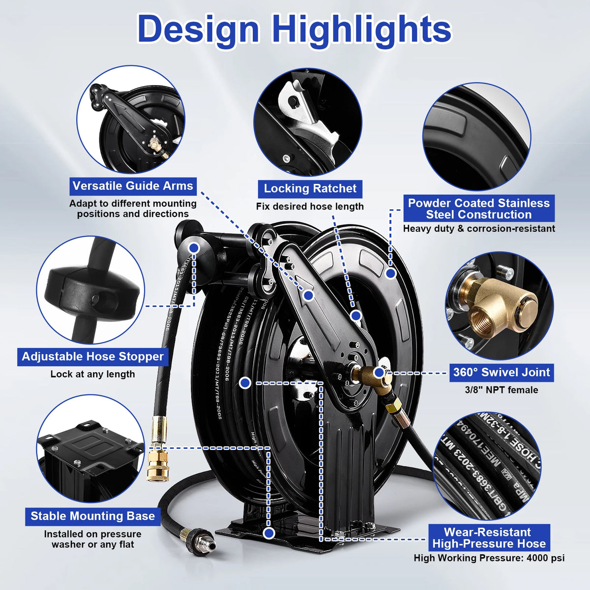 Heavy Duty Steel Auto Rewind Pressure Washer Hose Reel