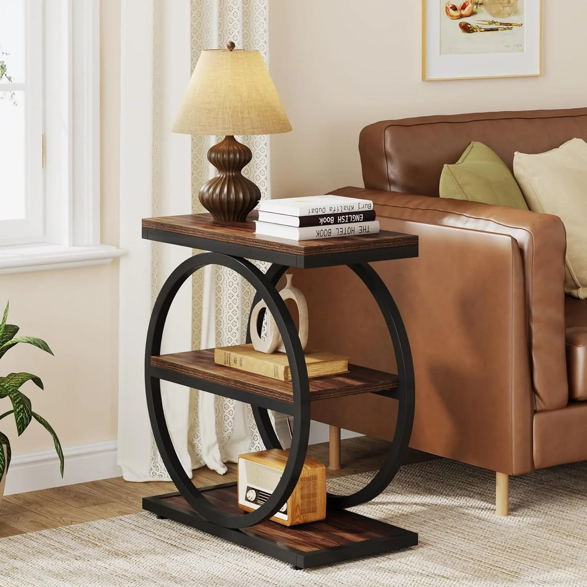 Little Tree Industrial End Table With 3 Shelves, Slim Nightstand