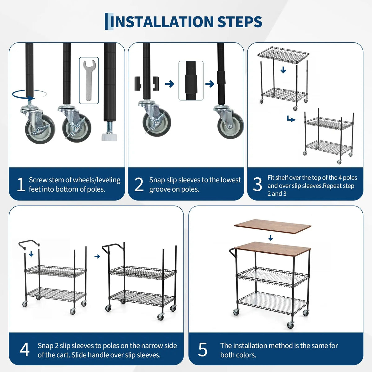 HiMISS Sturdy Three Tier Rolling Kitchen Cart With Wood Top