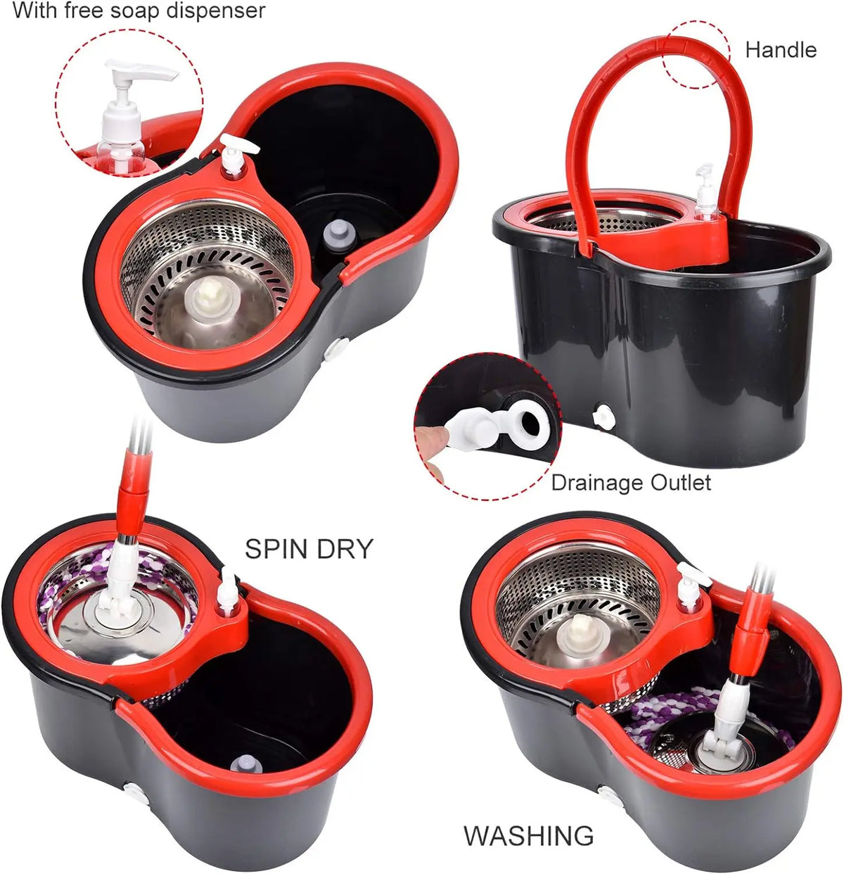 Spin Mop Bucket Set With Steel Wring Basket Microfiber Heads