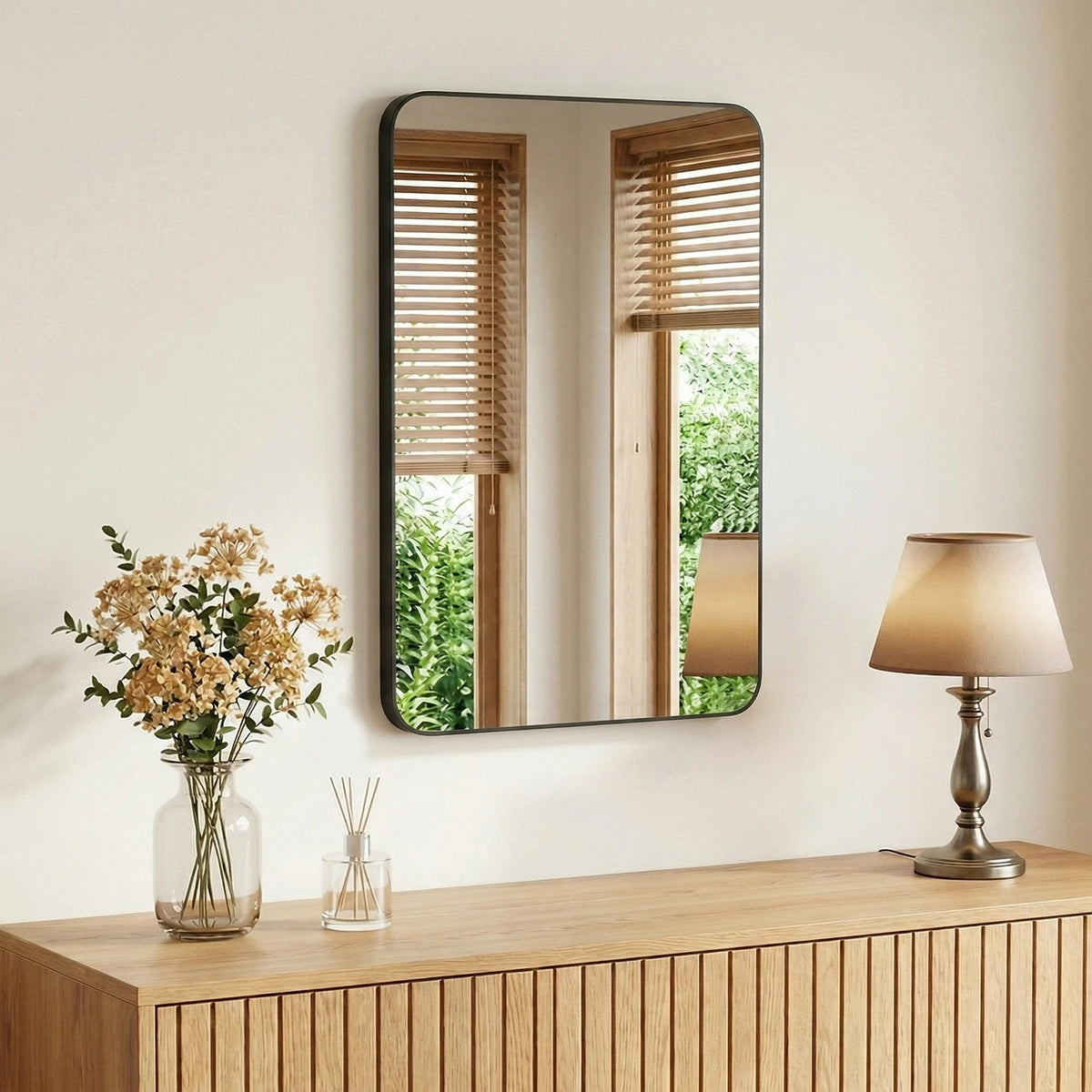 JHK Rounded Rectangle Wall Mirror Tempered Glass Metal Frame Modern Bathroom Mirror