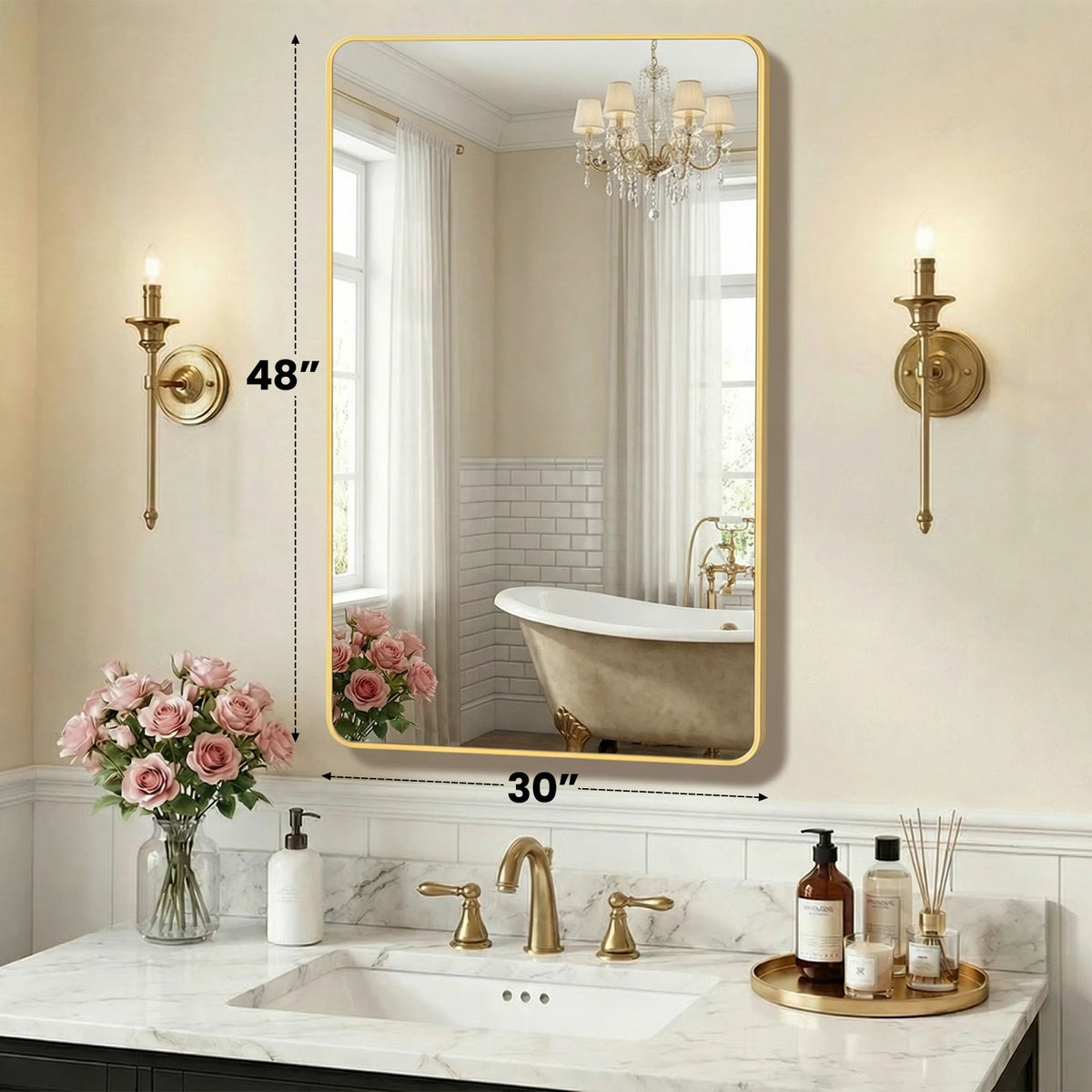 JHK Rounded Rectangle Wall Mirror Tempered Glass Metal Frame Modern Bathroom Mirror