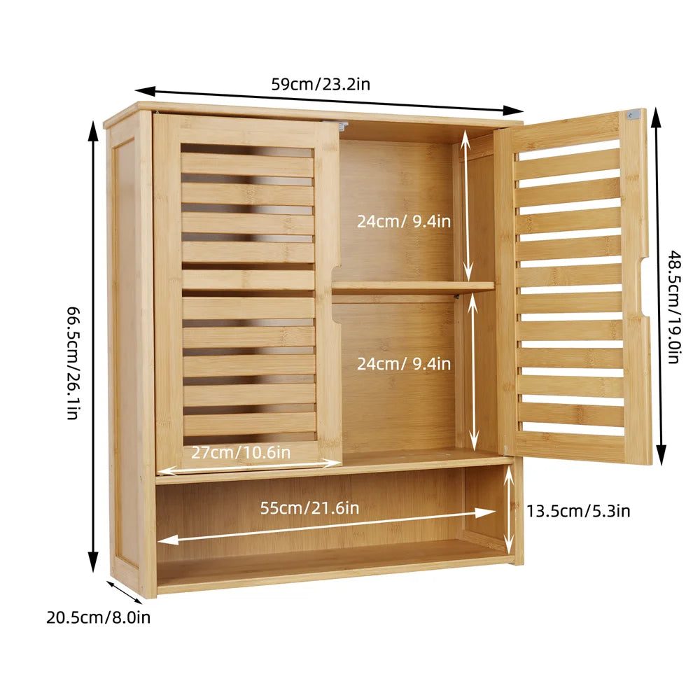 Natural Bamboo Wall Mounted Bathroom Cabinet With Adjustable Shelf