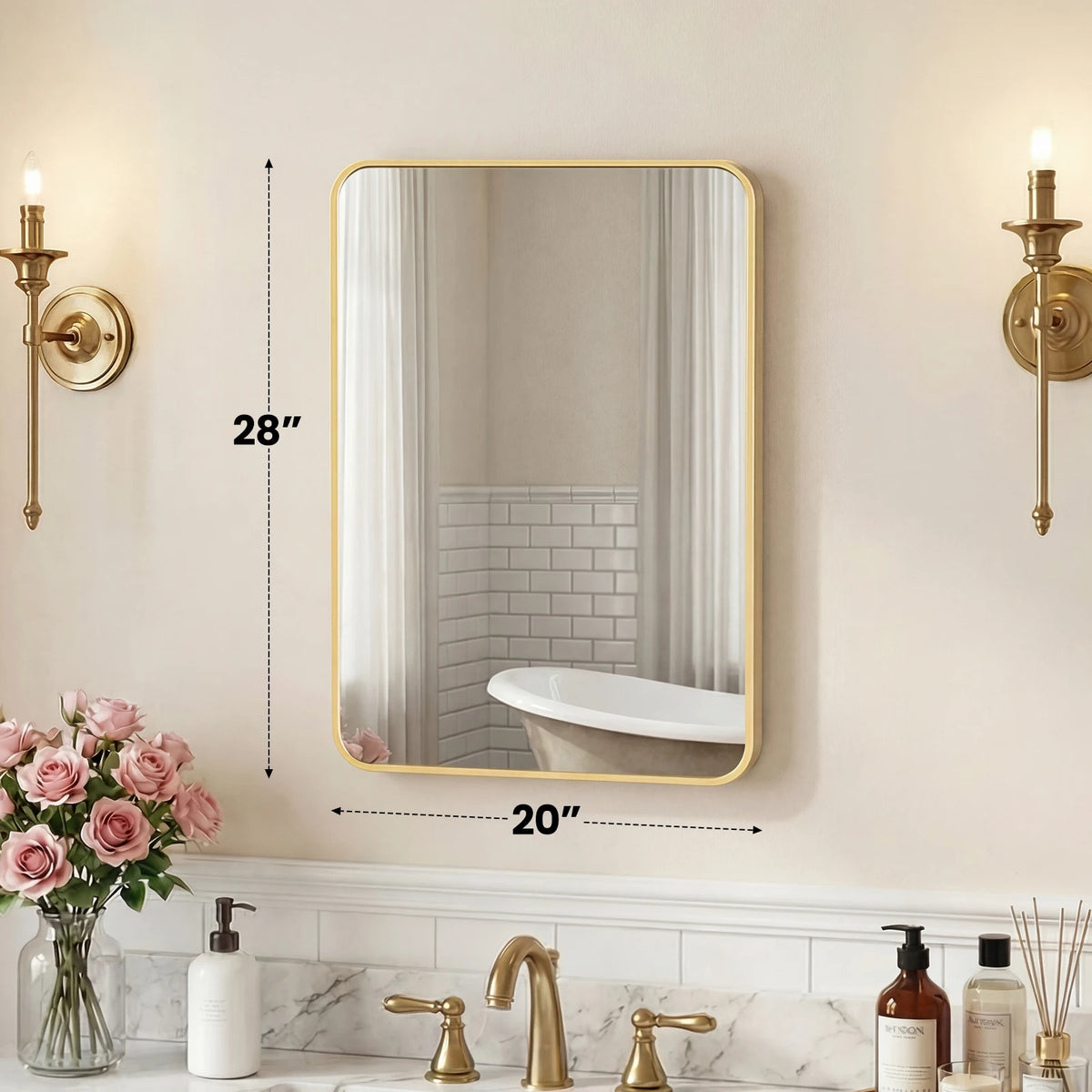 JHK Rounded Rectangle Wall Mirror Tempered Glass Metal Frame Modern Bathroom Mirror