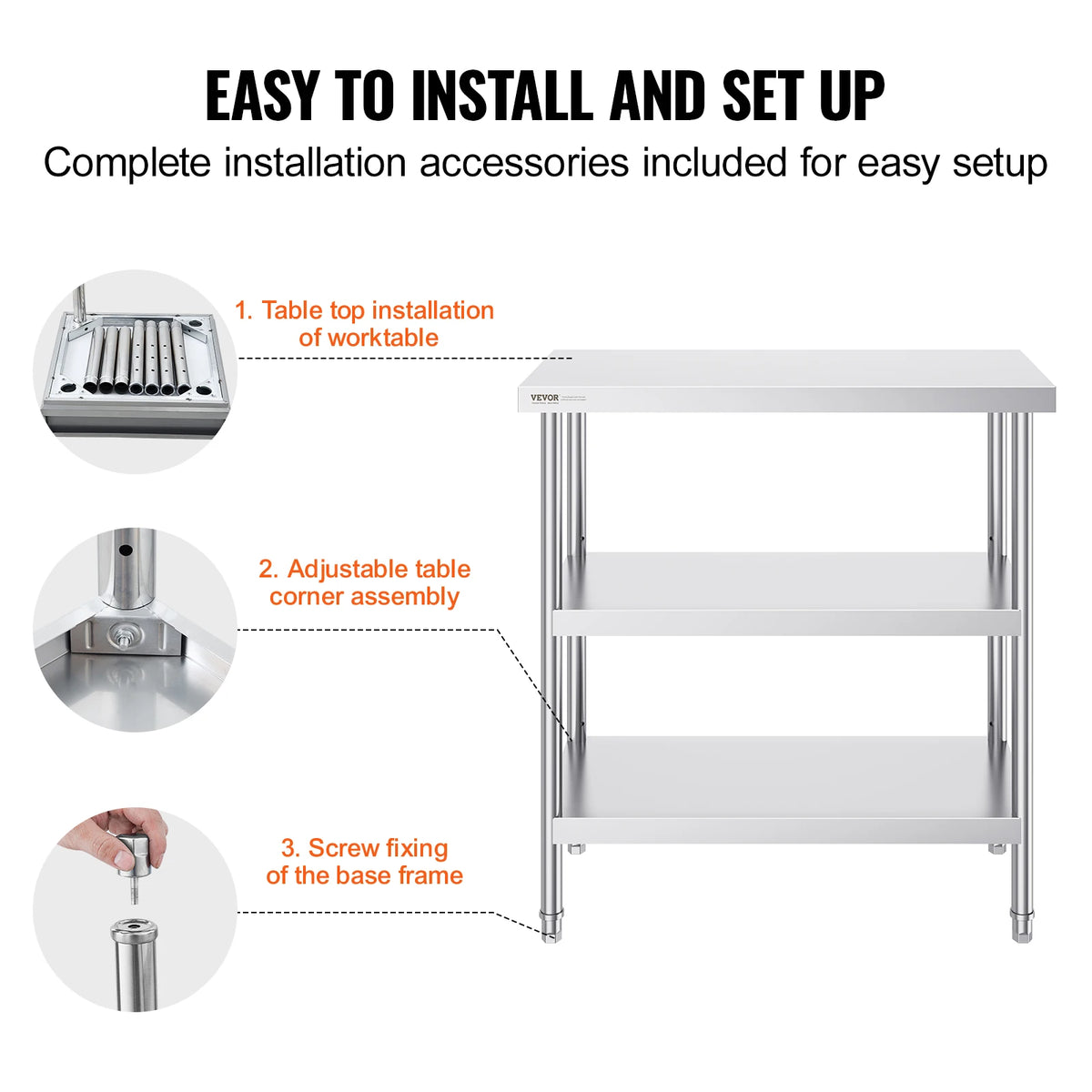 SucceBuy Stainless Steel Food Prep Table With Two Adjustable Undershelves