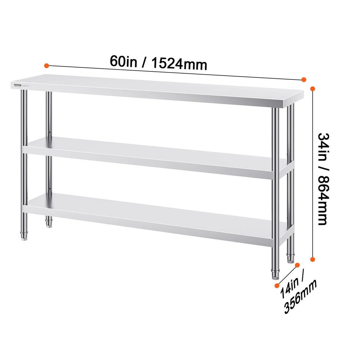 SucceBuy Stainless Steel Food Prep Table With Two Adjustable Undershelves
