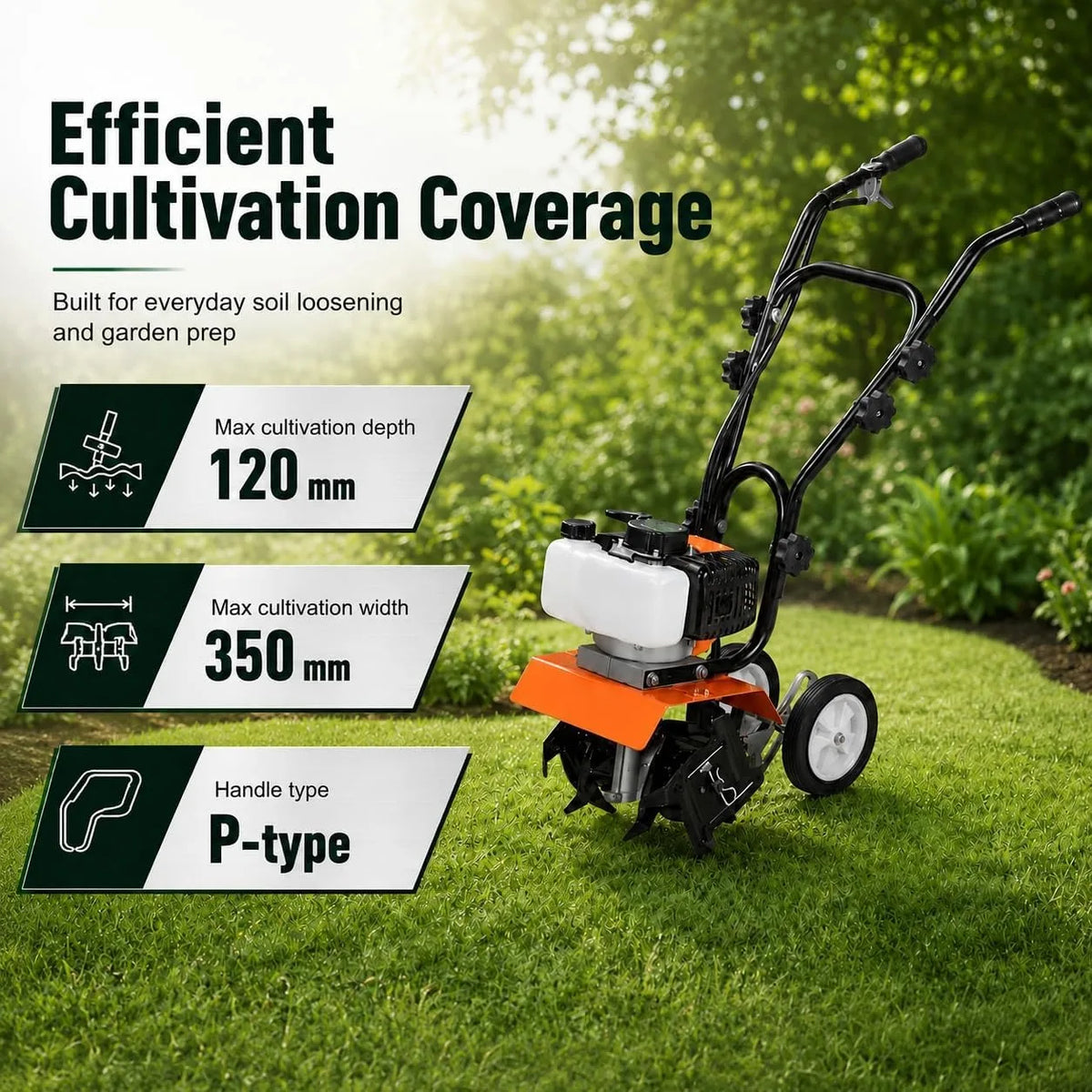 Gas Powered Garden Tiller Cultivator With Adjustable Steel Tines