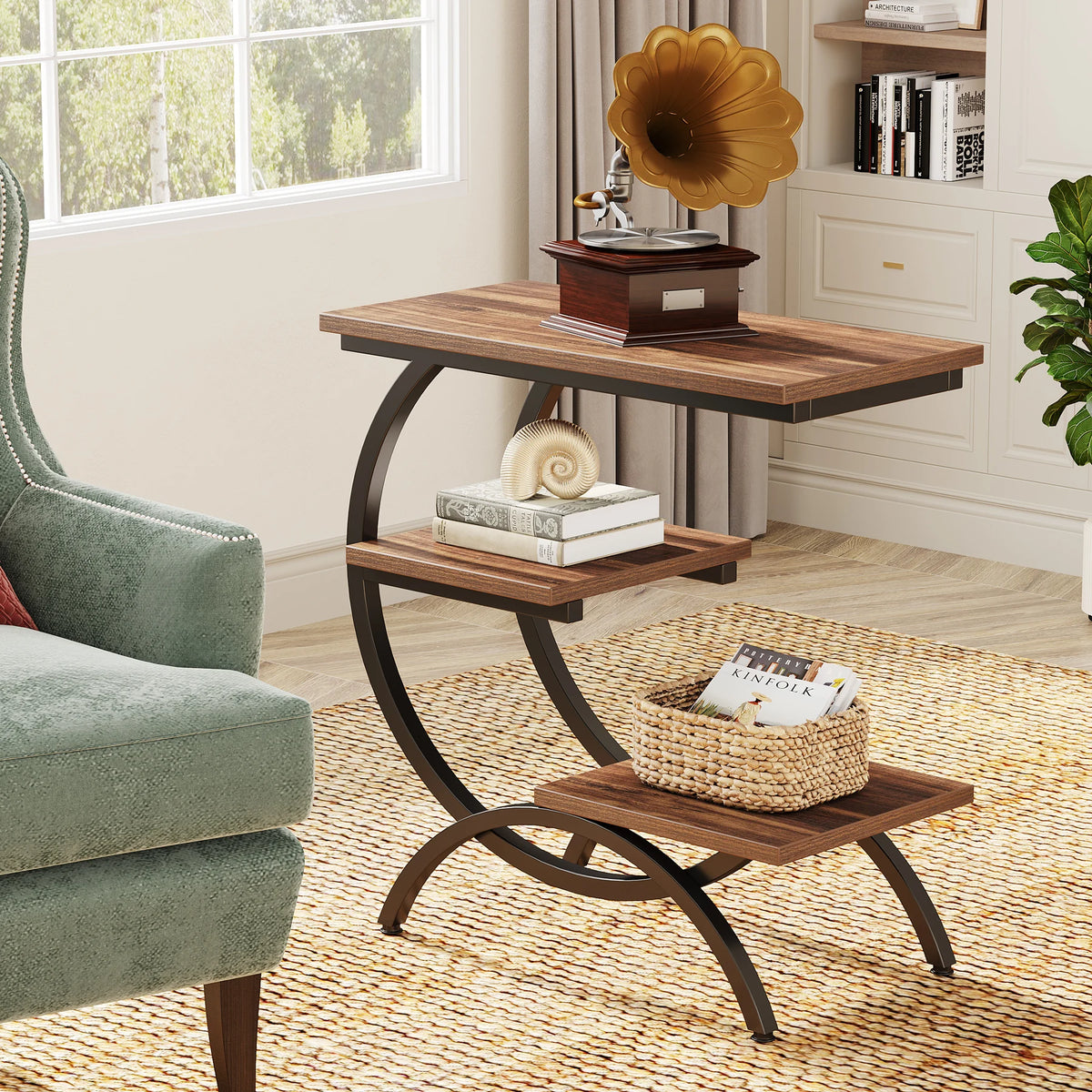 Tribesigns C-Shaped End Table Industrial 3-Tier Small Table With Storage Shelves
