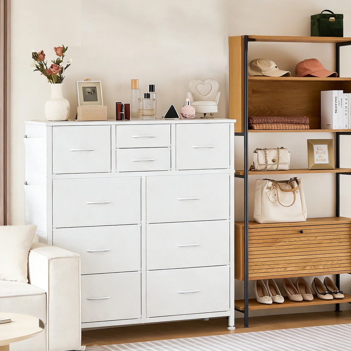 JHK Living Room Cabinet With Ten Fabric Drawers Steel Frame