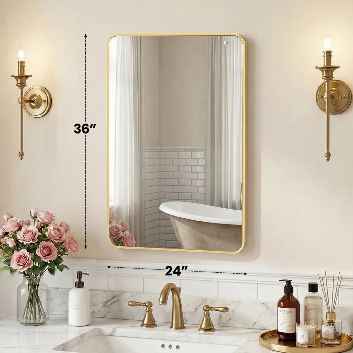 JHK Rounded Rectangle Wall Mirror Tempered Glass Metal Frame Modern Bathroom Mirror