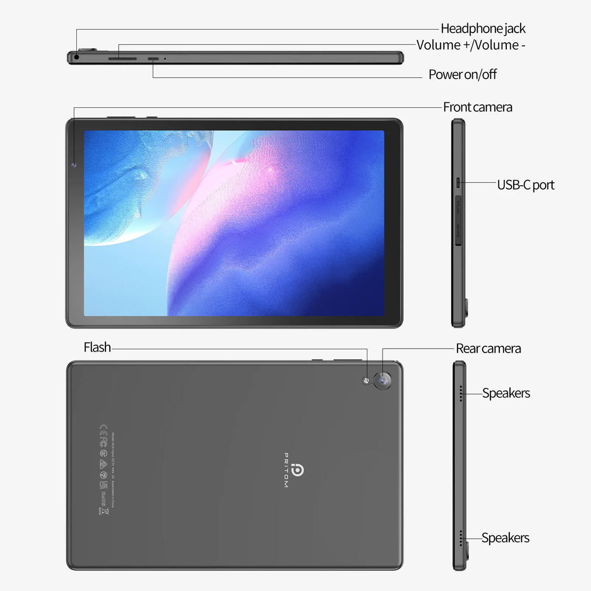 Pritom Android 14 Tablet With Dual Camera And Wireless Connectivity