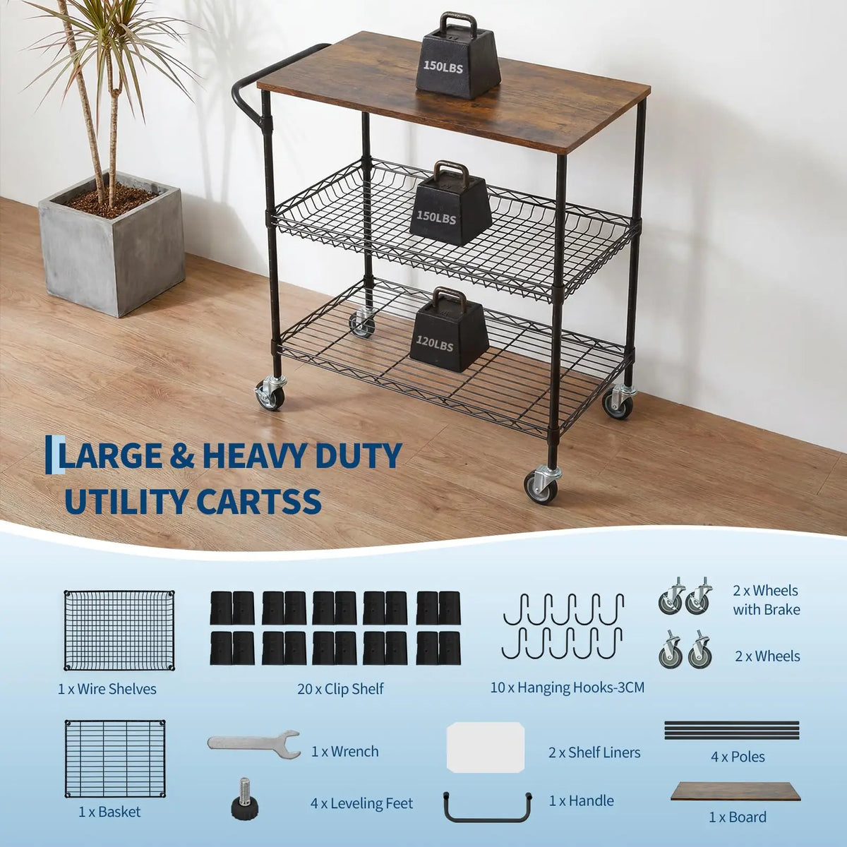 HiMISS Sturdy Three Tier Rolling Kitchen Cart With Wood Top