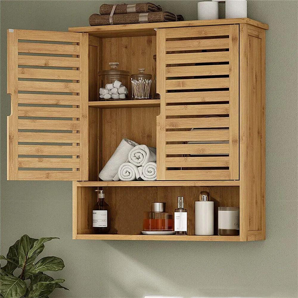 Natural Bamboo Wall Mounted Bathroom Cabinet With Adjustable Shelf