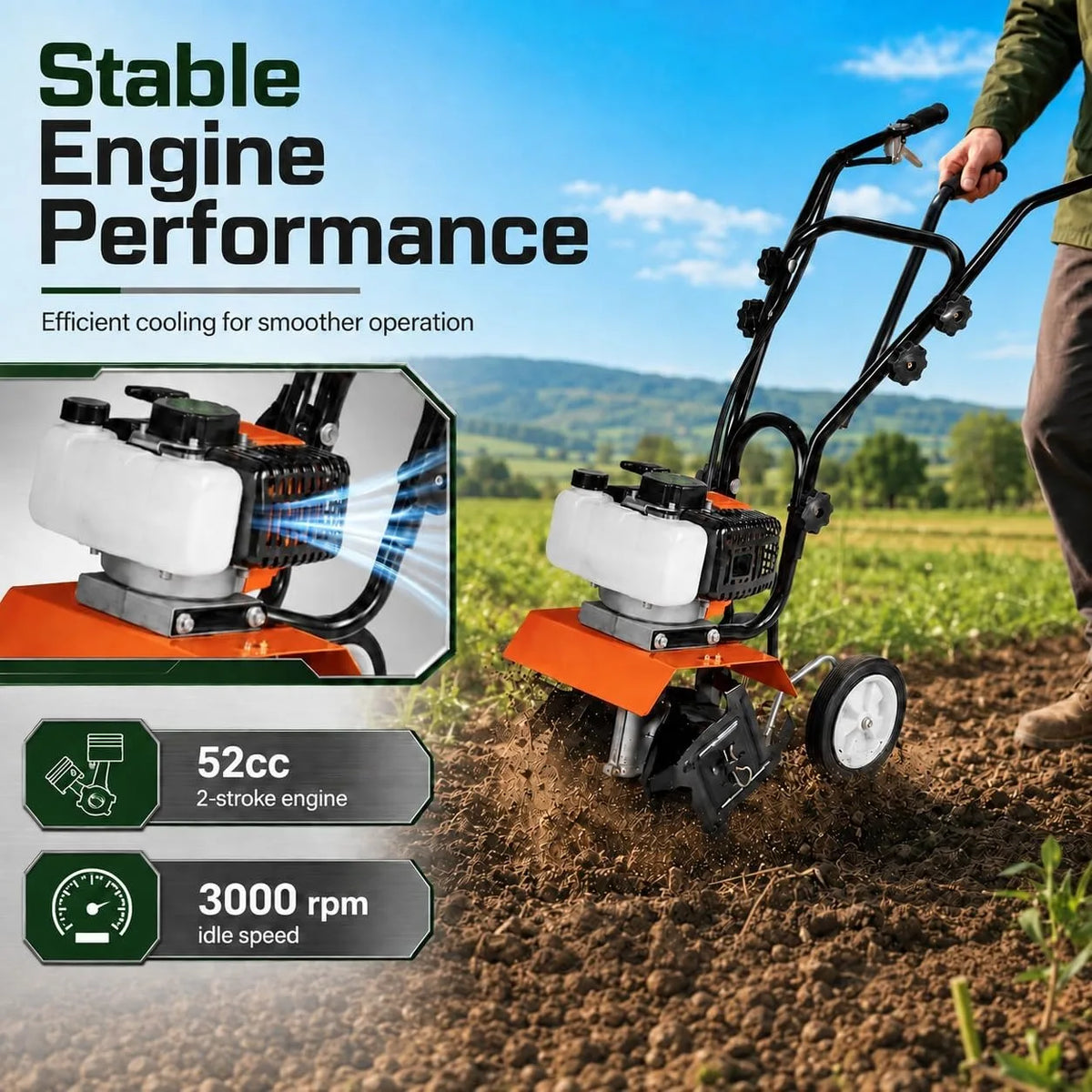 Gas Powered Garden Tiller Cultivator With Adjustable Steel Tines