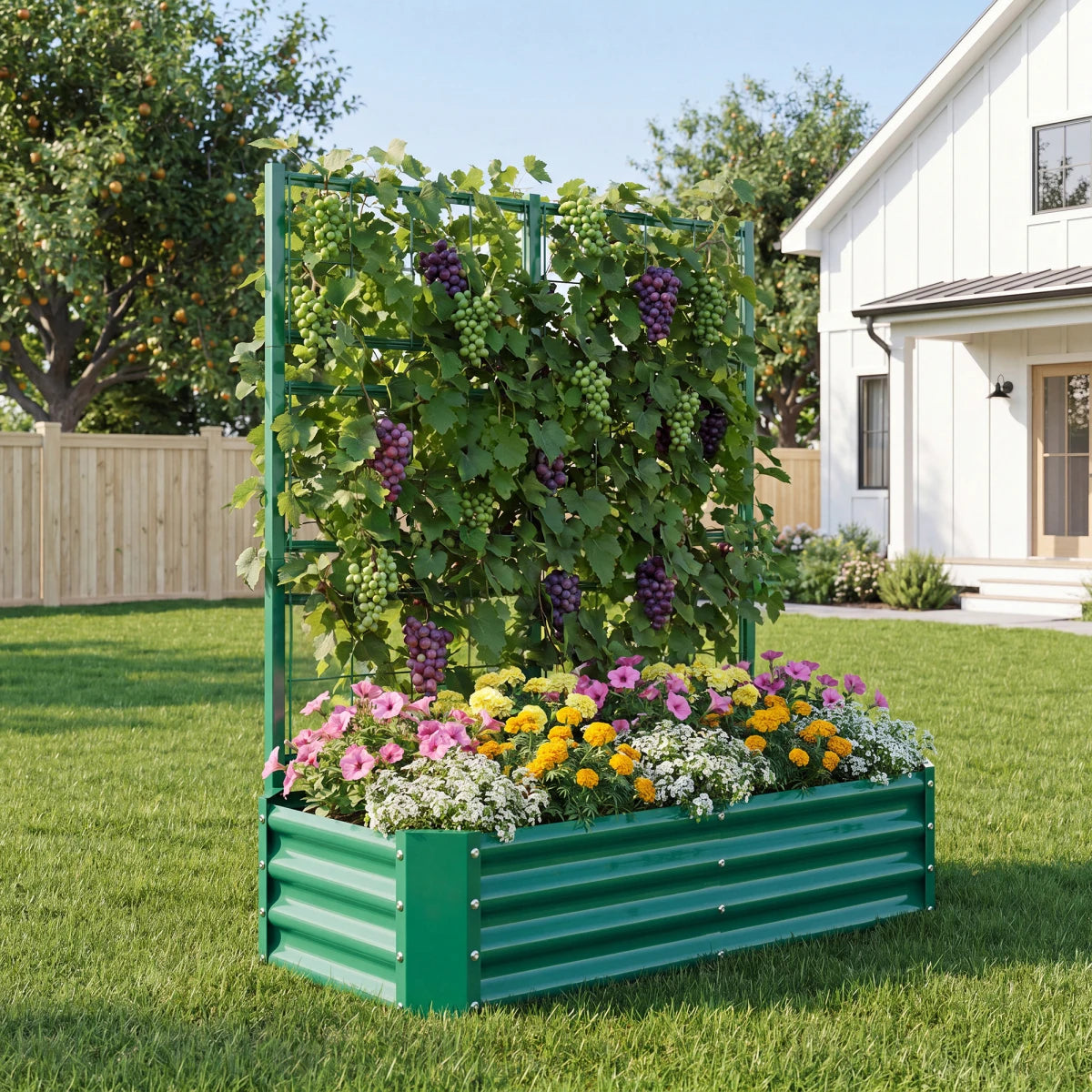 Galvanized Metal Raised Garden Bed With Climbing Plant Trellis