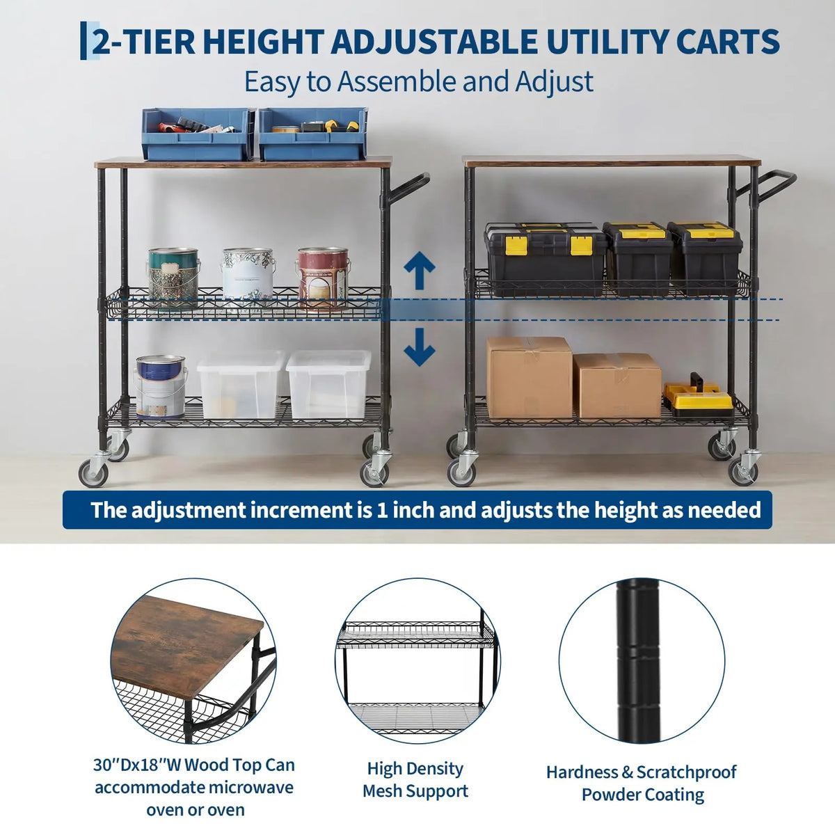HiMISS Sturdy Three Tier Rolling Kitchen Cart With Wood Top