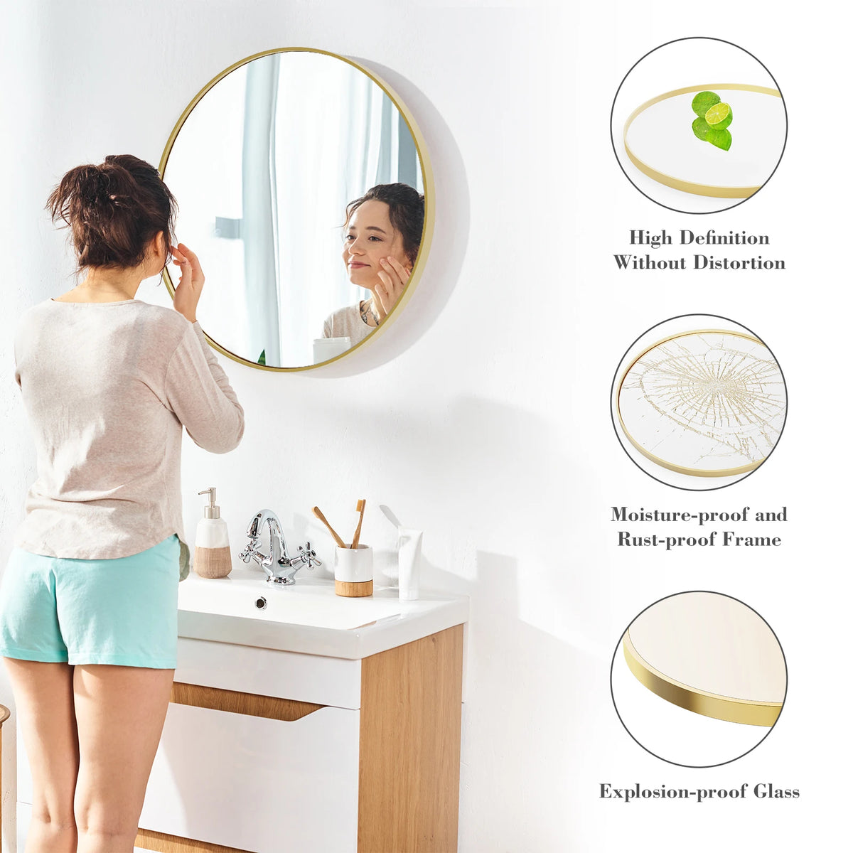 JHK Large Gold Round Vanity Mirror Modern Wall Mounted Tempered Glass