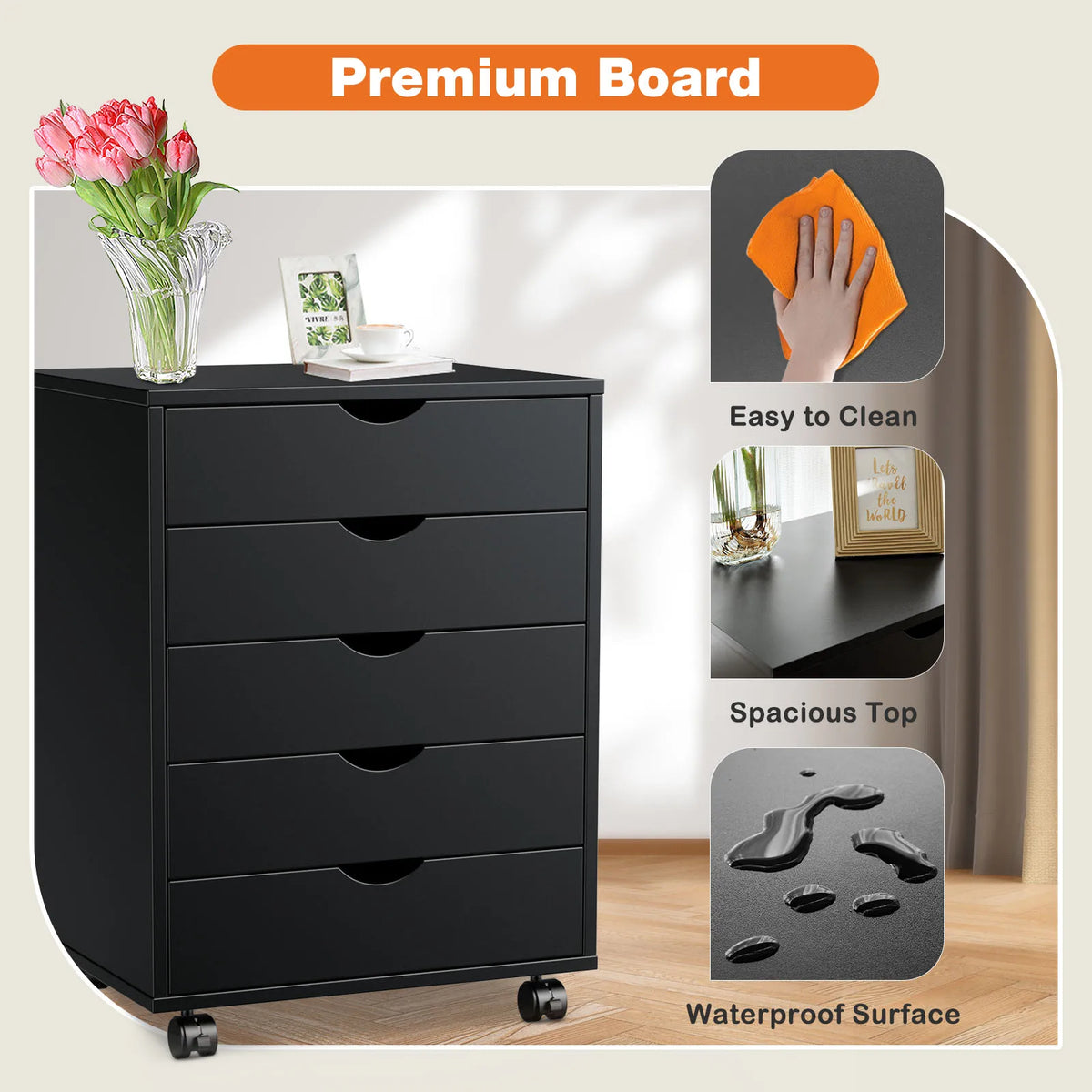 JHK Wood Nightstand With 5 Drawers, Waterproof Surface, Mobile Bedside Table