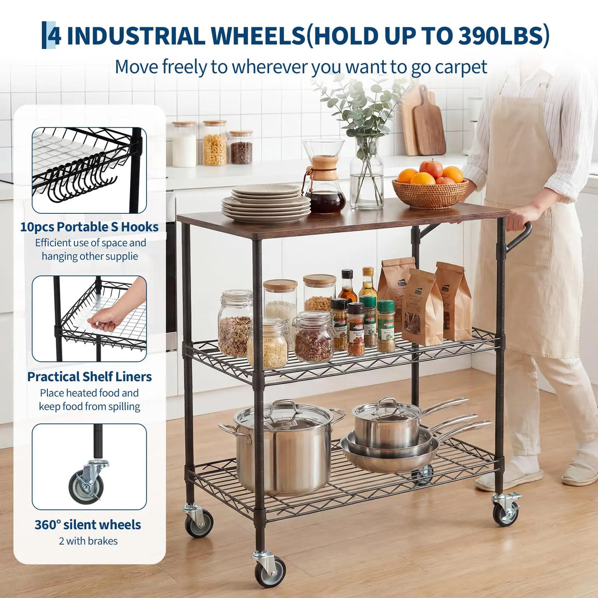 HiMISS Sturdy Three Tier Rolling Kitchen Cart With Wood Top