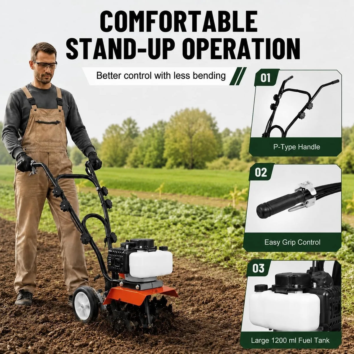 Gas Powered Garden Tiller Cultivator With Adjustable Steel Tines