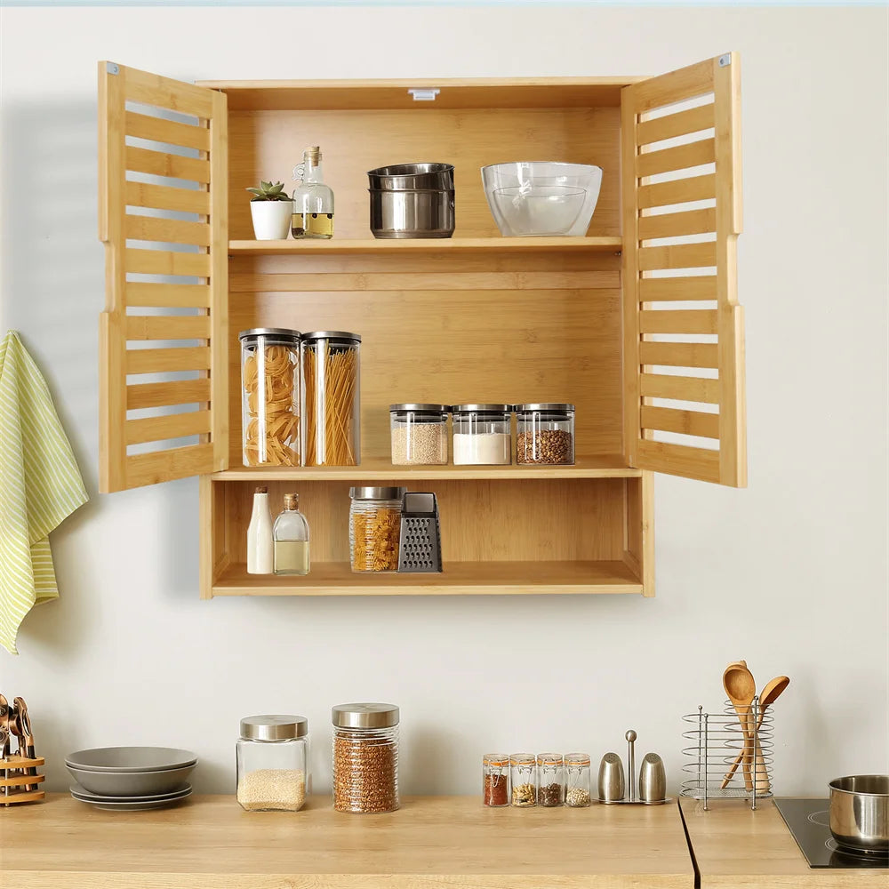 Natural Bamboo Wall Mounted Bathroom Cabinet With Adjustable Shelf