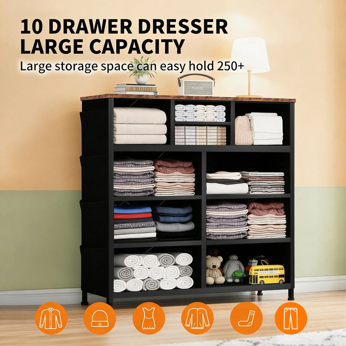 JHK Living Room Cabinet With Ten Fabric Drawers Steel Frame