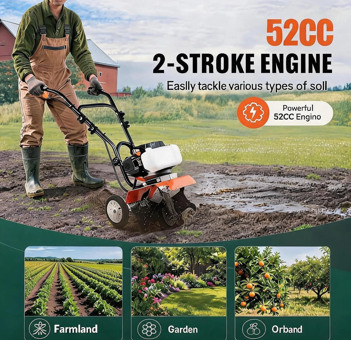 Gas Powered Garden Tiller Cultivator With Adjustable Steel Tines
