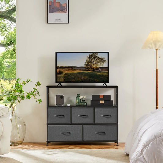 JHK Fireplace TV Stand Dresser With Five Fabric Drawers Storage Cabinet