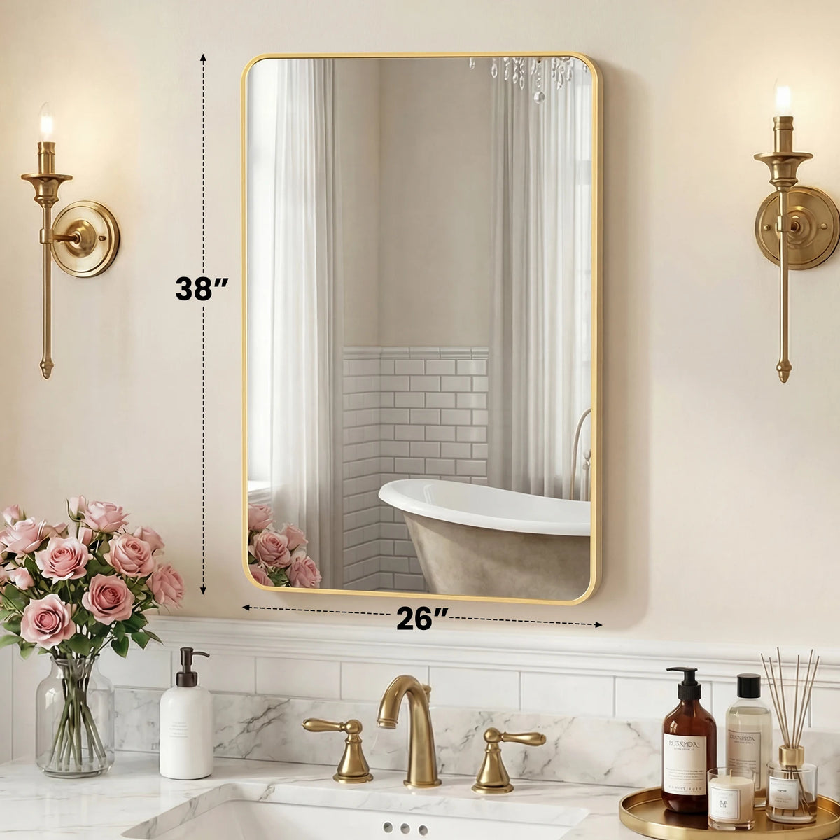 JHK Rounded Rectangle Wall Mirror Tempered Glass Metal Frame Modern Bathroom Mirror