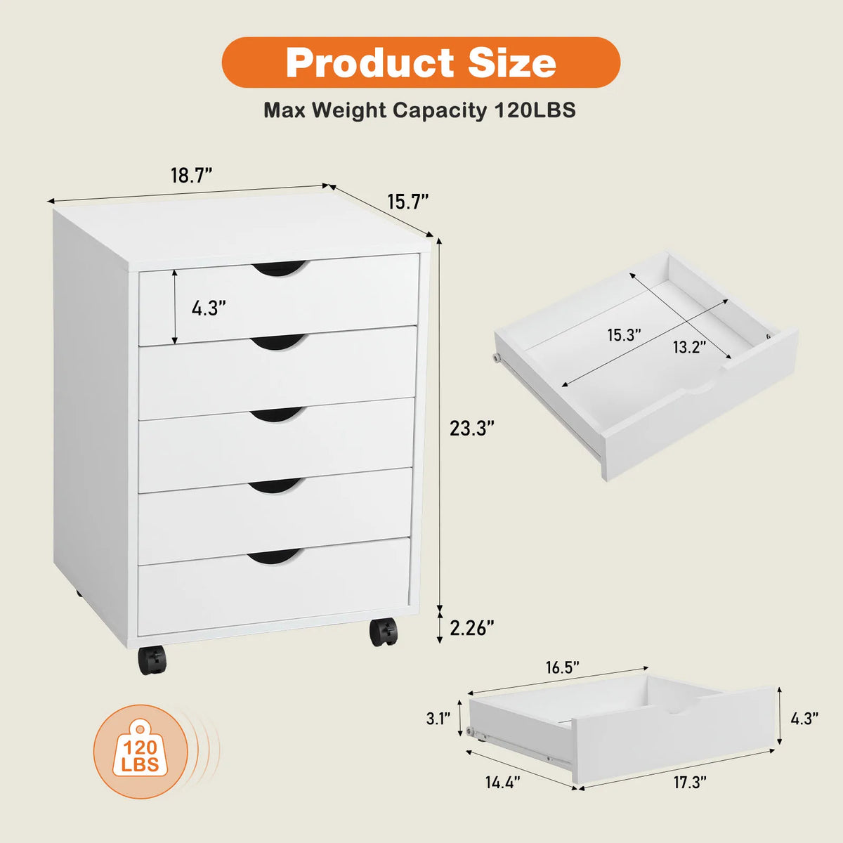 JHK Wood Nightstand With 5 Drawers, Waterproof Surface, Mobile Bedside Table