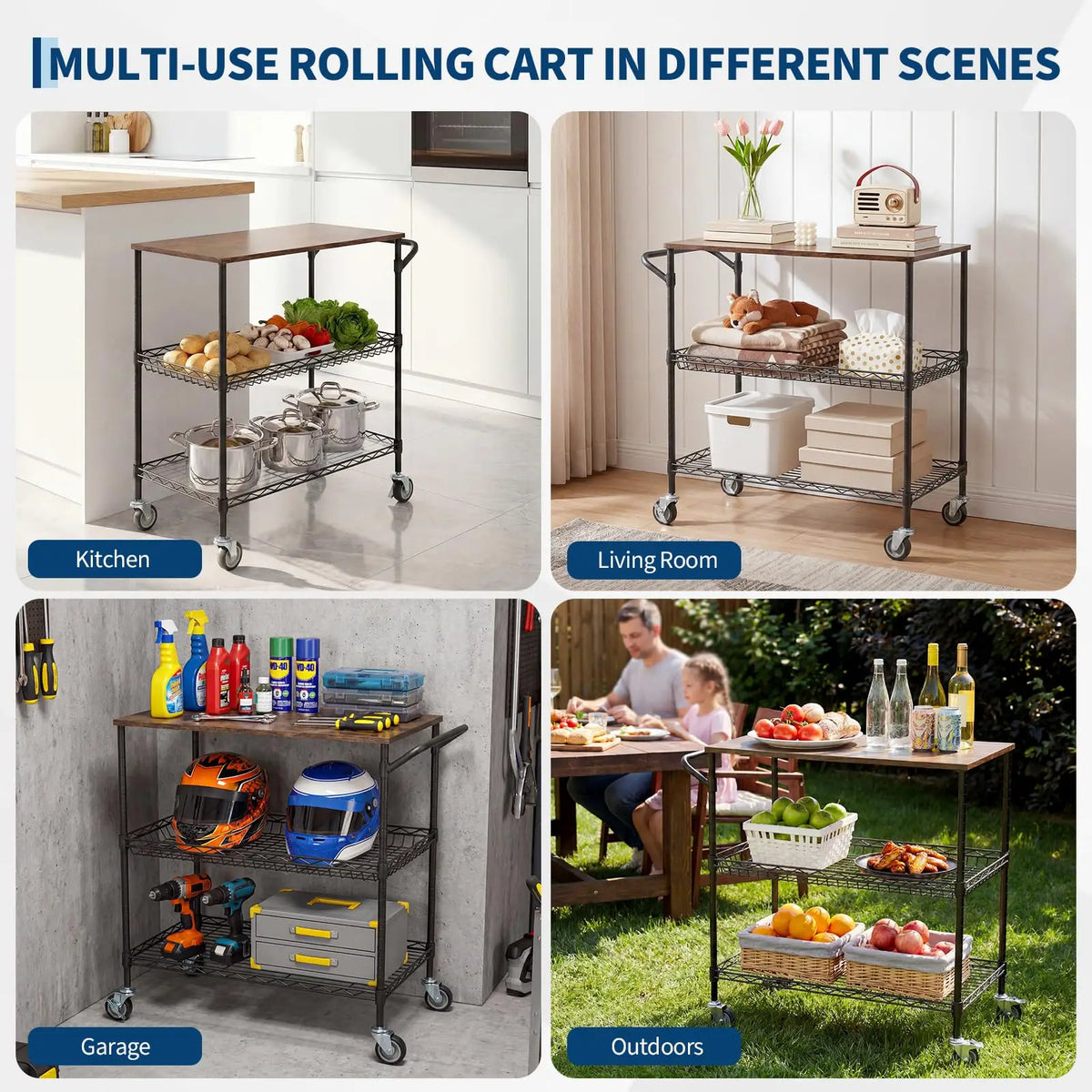 HiMISS Sturdy Three Tier Rolling Kitchen Cart With Wood Top
