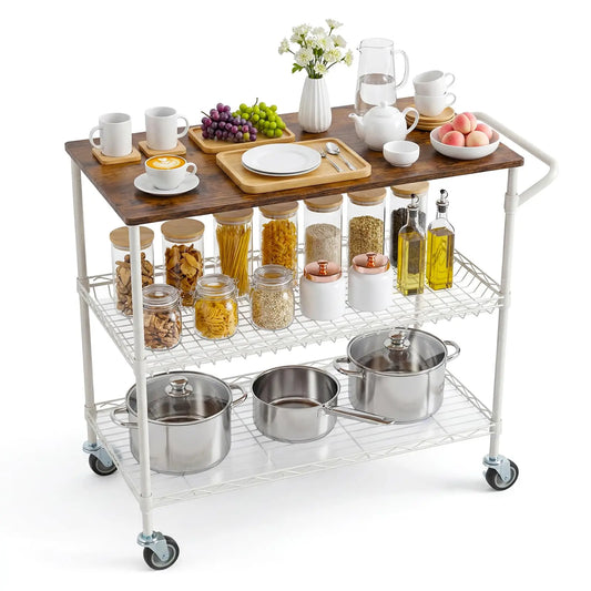 HiMISS Sturdy Three Tier Rolling Kitchen Cart With Wood Top