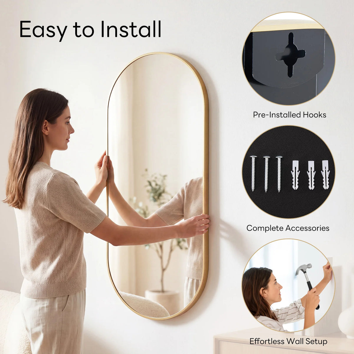 JHK Oval Wall Mirror With Metal Frame Modern Dressing Mirror